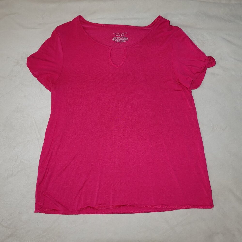 Women's Size Large Hot Pink Keyhole Short Sleeve Top with Slit and Twists
